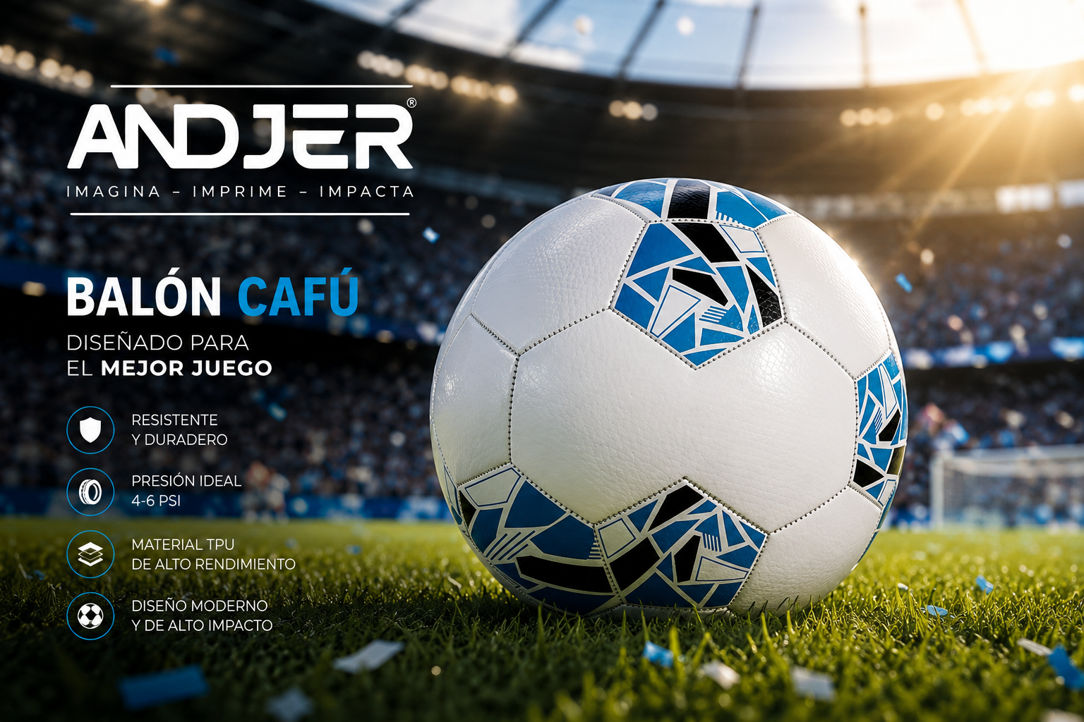 Balón de fútbol soccer promocional resistente para entrenamiento y actividades deportivas marca ANDJER.